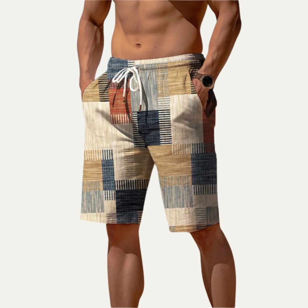 Men's summer patchwork check shorts in tan, navy and cream with knee length cut