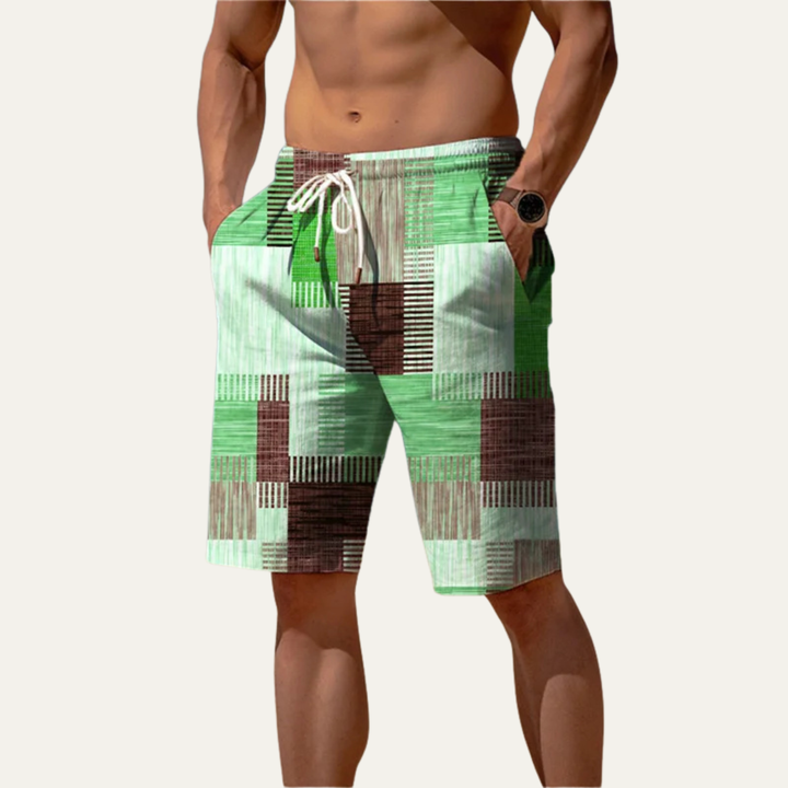 Green patchwork check knee length shorts for men with drawstring waist and casual summer style