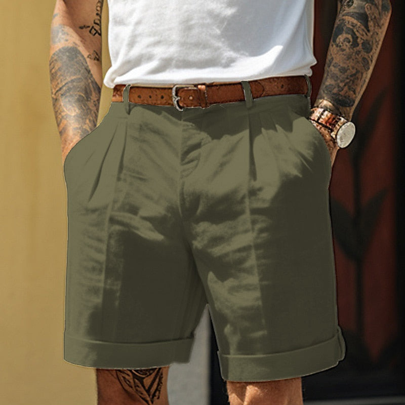 Olive green men's summer pleated tailored shorts with belt, cuffed hem and side pockets