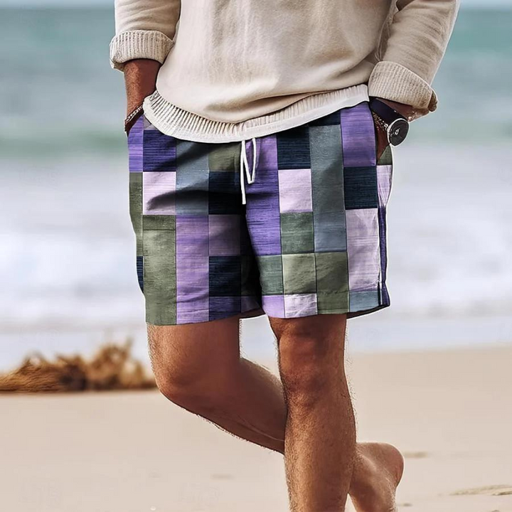 Men's printed board shorts swimsuit with pockets, purple and gray patchwork blocks, drawstring