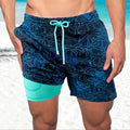 Navy palm print men's swim shorts with mint drawstring and aqua lined shorts