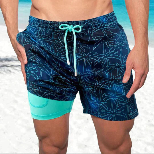 Navy palm print men's swim shorts with mint drawstring and aqua lined shorts