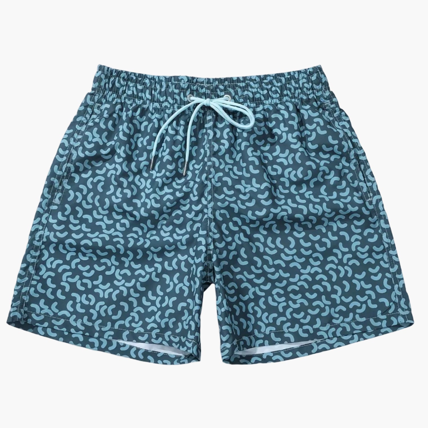 Flat lay of men’s summer printed swim shorts with elastic waist, drawstring, and abstract pattern