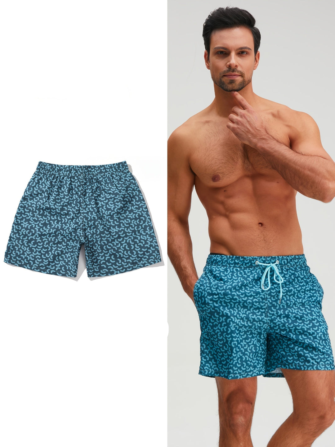 Blue printed swim shorts with elastic waistband and drawstring, shown on model
