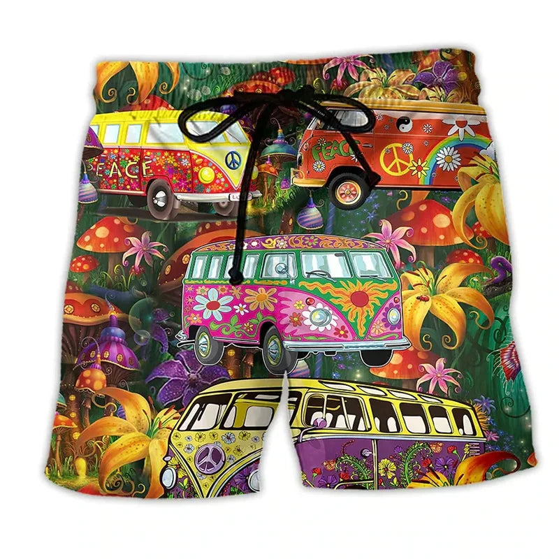 Men's summer swim trunks with drawstring, multicolor hippie van and mushroom print, front view