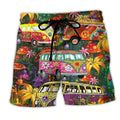 Men's summer swim trunks with drawstring, multicolor hippie van and mushroom print, front view