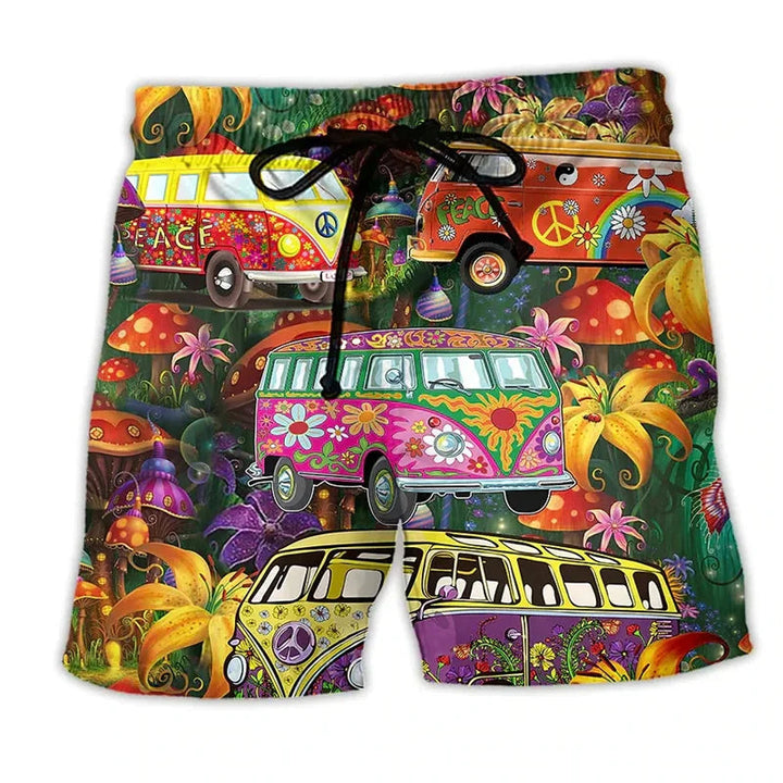 Men's summer swim trunks with drawstring, multicolor hippie van and mushroom print, front view