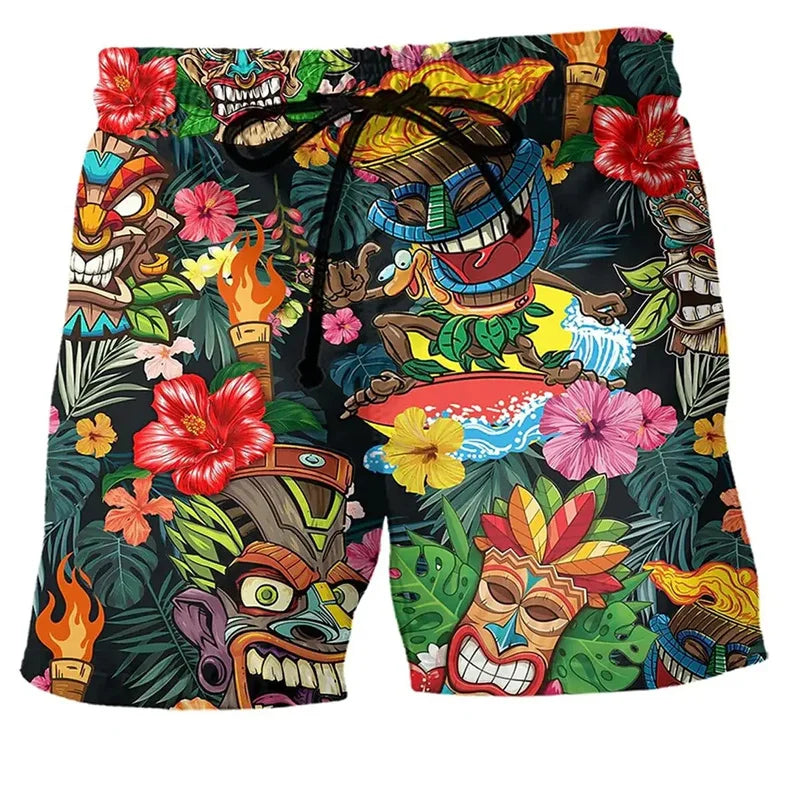 Men's swim trunks with drawstring, black base with tiki and hibiscus floral print, front