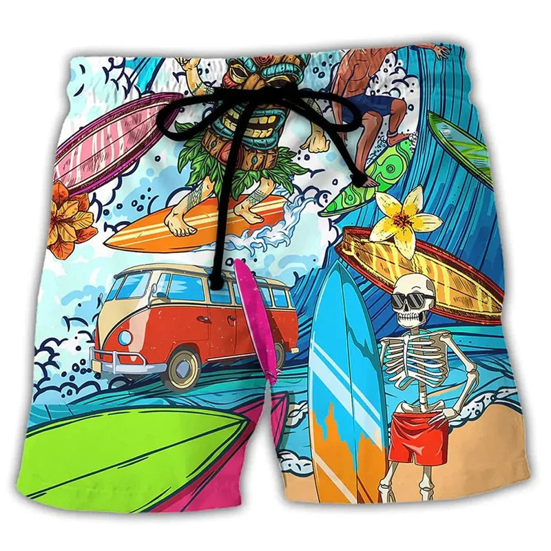 Men's printed swim trunks with drawstring, surfboards and van graphic on light blue background
