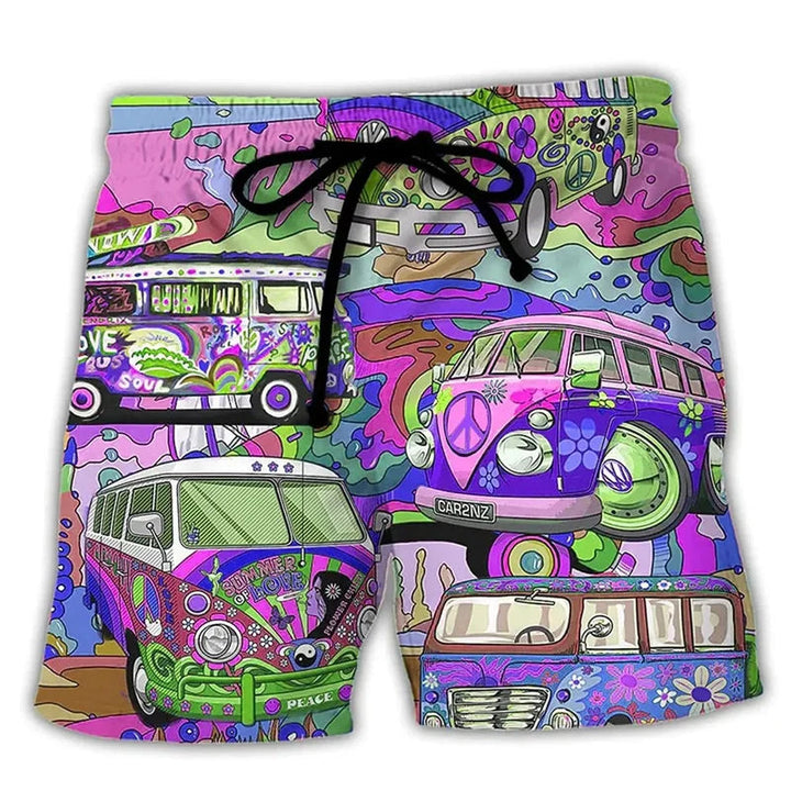 Men's swim trunks with drawstring, purple and green retro van collage print, front product shot