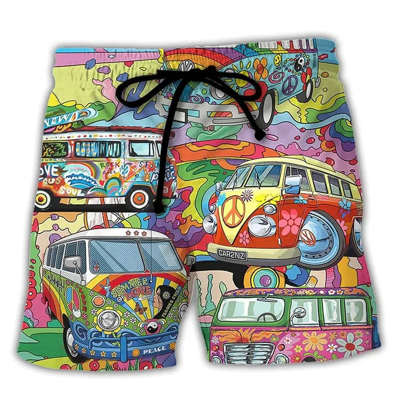 Men's summer swim trunks with drawstring, bright multicolor retro van print, front view