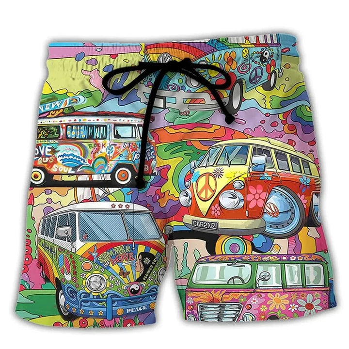 Men's summer swim trunks with drawstring, bright multicolor retro van print, front view