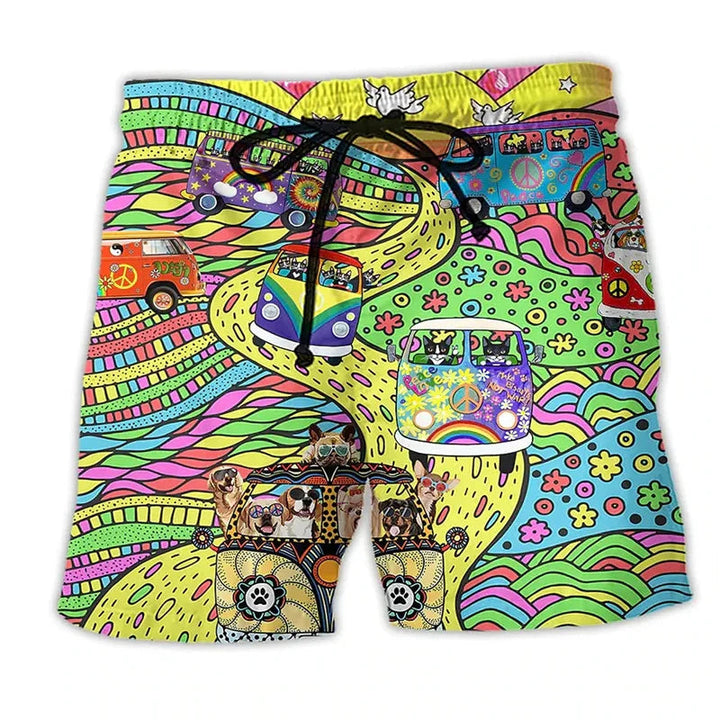Men's printed swim trunks with drawstring, rainbow road and cartoon van pattern, front view