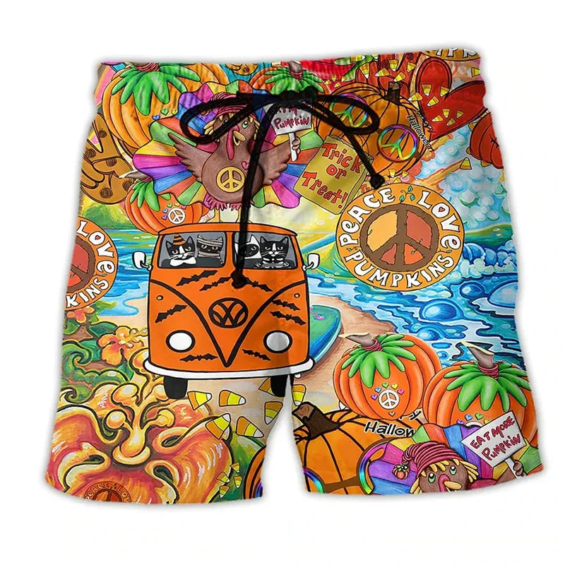 Men's swim trunks with drawstring, orange pumpkin and retro van Halloween-style print, front