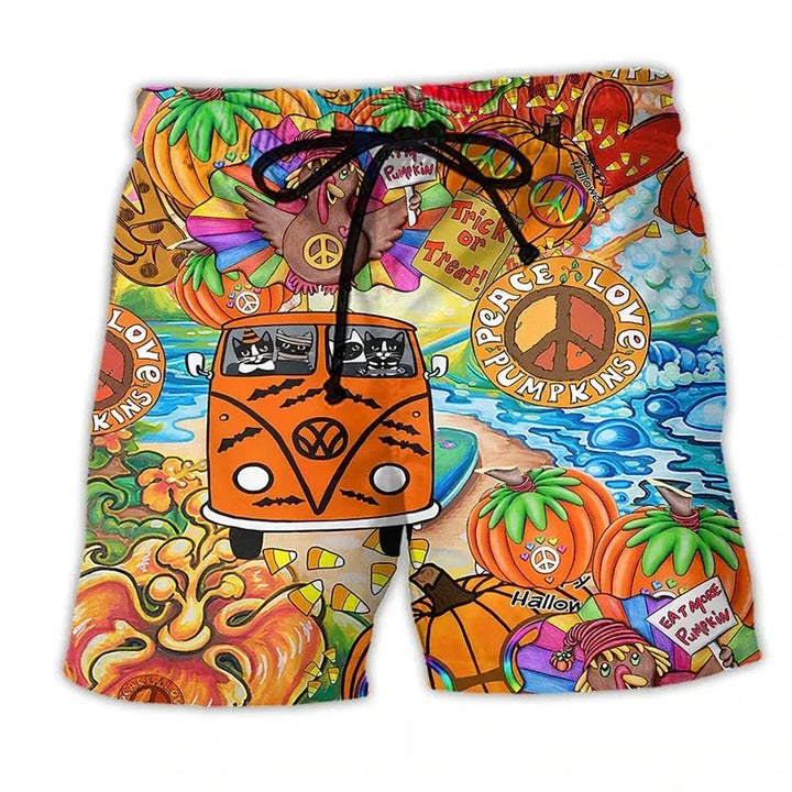 Men's swim trunks with drawstring, orange pumpkin and retro van Halloween-style print, front