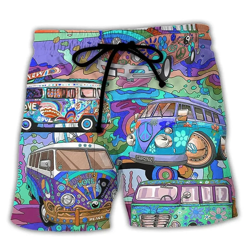 Men's summer swim trunks with drawstring, teal and blue retro van collage print, front product