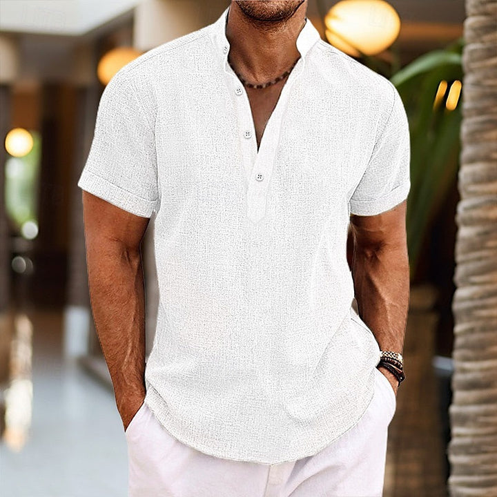 White short sleeve band collar shirt for men with textured weave and three-button front