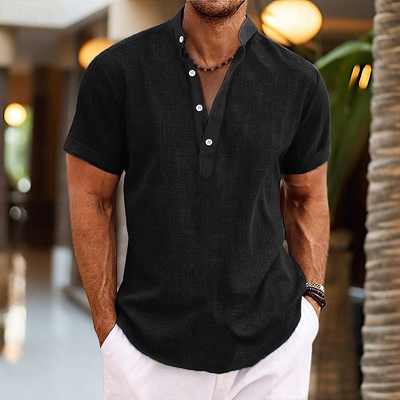 Black men's summer t shirt style shirt with band collar, short sleeves, and textured finish