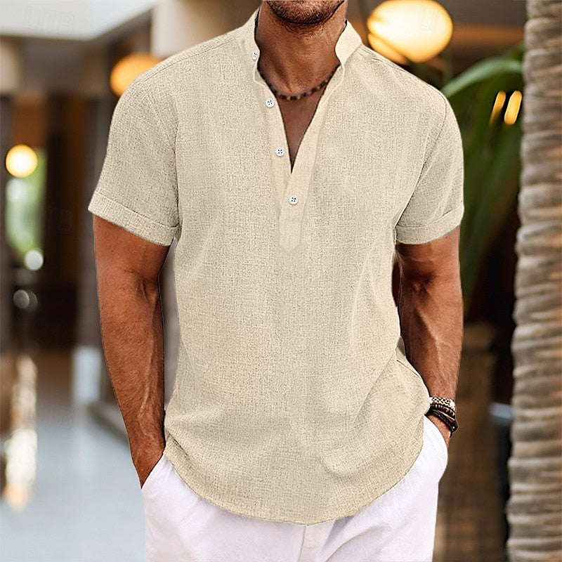 Beige men's summer short sleeve shirt with band collar, button placket, and soft textured look