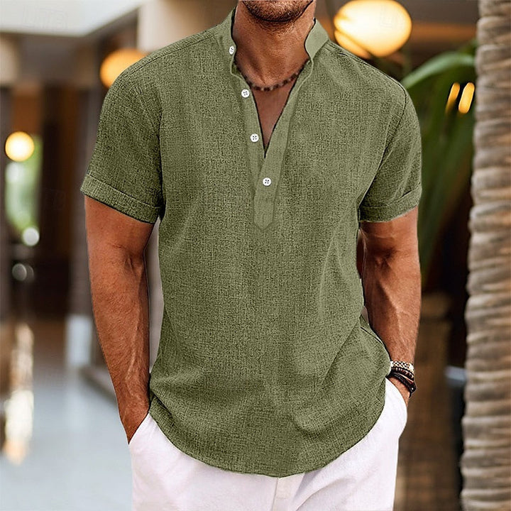 Olive green men's summer shirt with short sleeves, band collar, and textured casual design