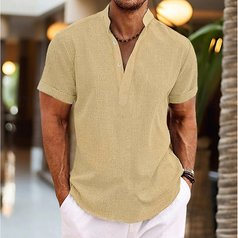 Khaki men's short sleeve band collar shirt with textured fabric and curved hem