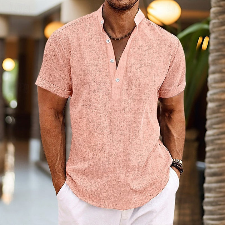Men's summer short sleeve band collar shirt in pink with textured fabric and button placket