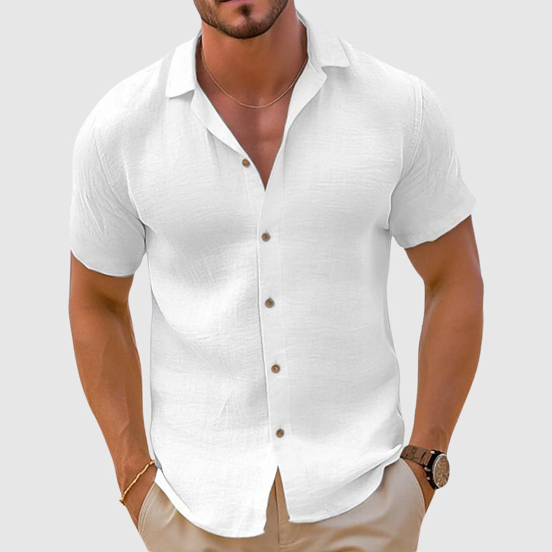 White men's summer short sleeve button up shirt with button front and breathable casual style