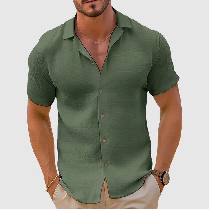 Olive green men's summer short sleeve button up shirt with short sleeves and casual fit