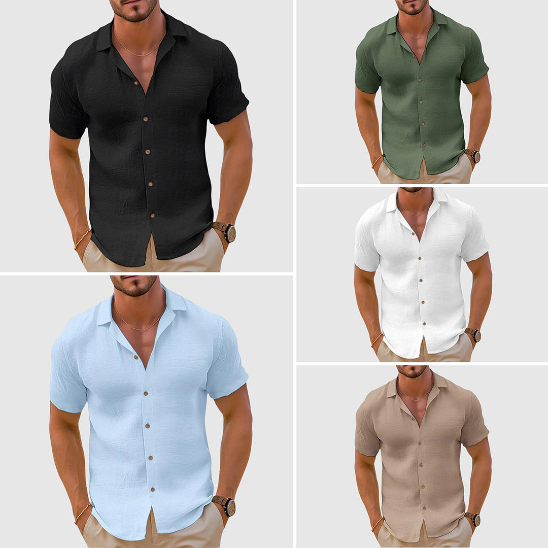 Collage of men's summer short sleeve button up shirts in black, green, white, blue, and beige