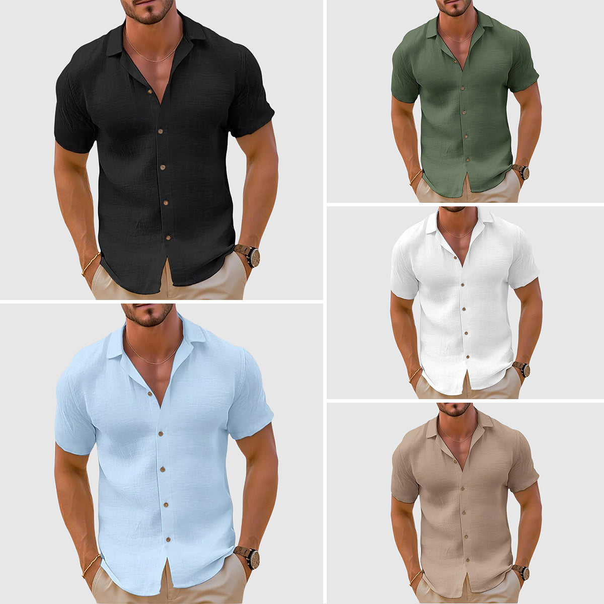 Collage of men's summer short sleeve button up shirts in black, green, white, blue, and beige