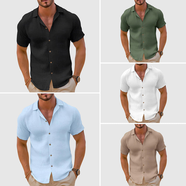 Collage of men's summer short sleeve button up shirts in black, green, white, blue, and beige