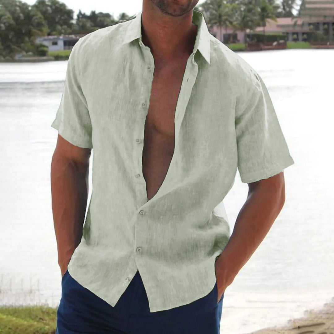 Light green men's summer linen shirt with relaxed fit and short sleeves