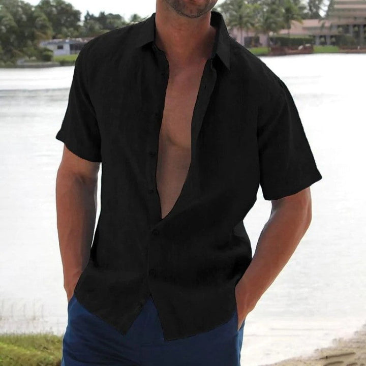 Black short sleeve linen shirt for men with open neckline and casual fit