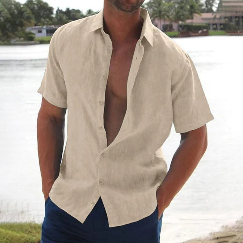 Beige men's summer short sleeve linen shirt with casual button front