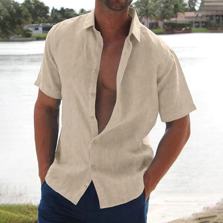 Beige men's summer short sleeve linen shirt with casual button front