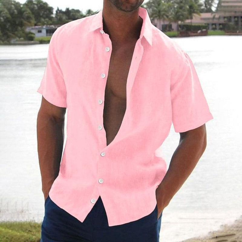 Pink short sleeve linen shirt for men with open collar and button front