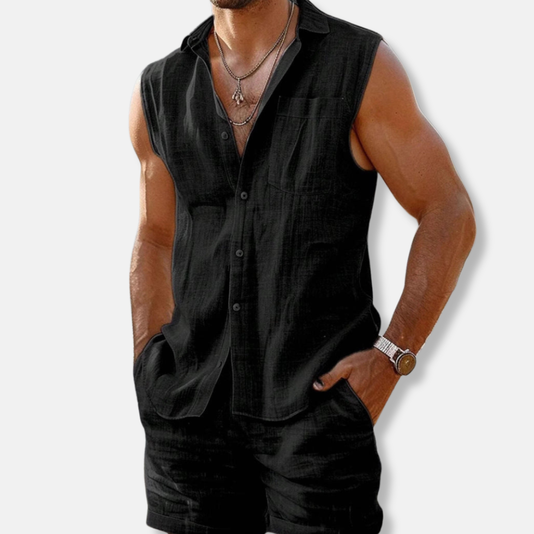 Black sleeveless linen shirt shorts set with open collar and relaxed fit