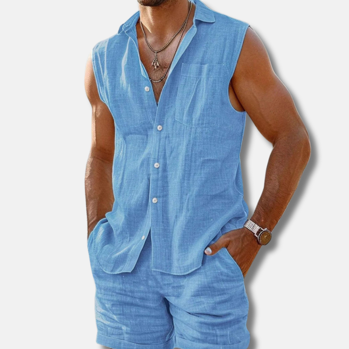 Light blue sleeveless linen shirt and shorts set with button closure and pocket