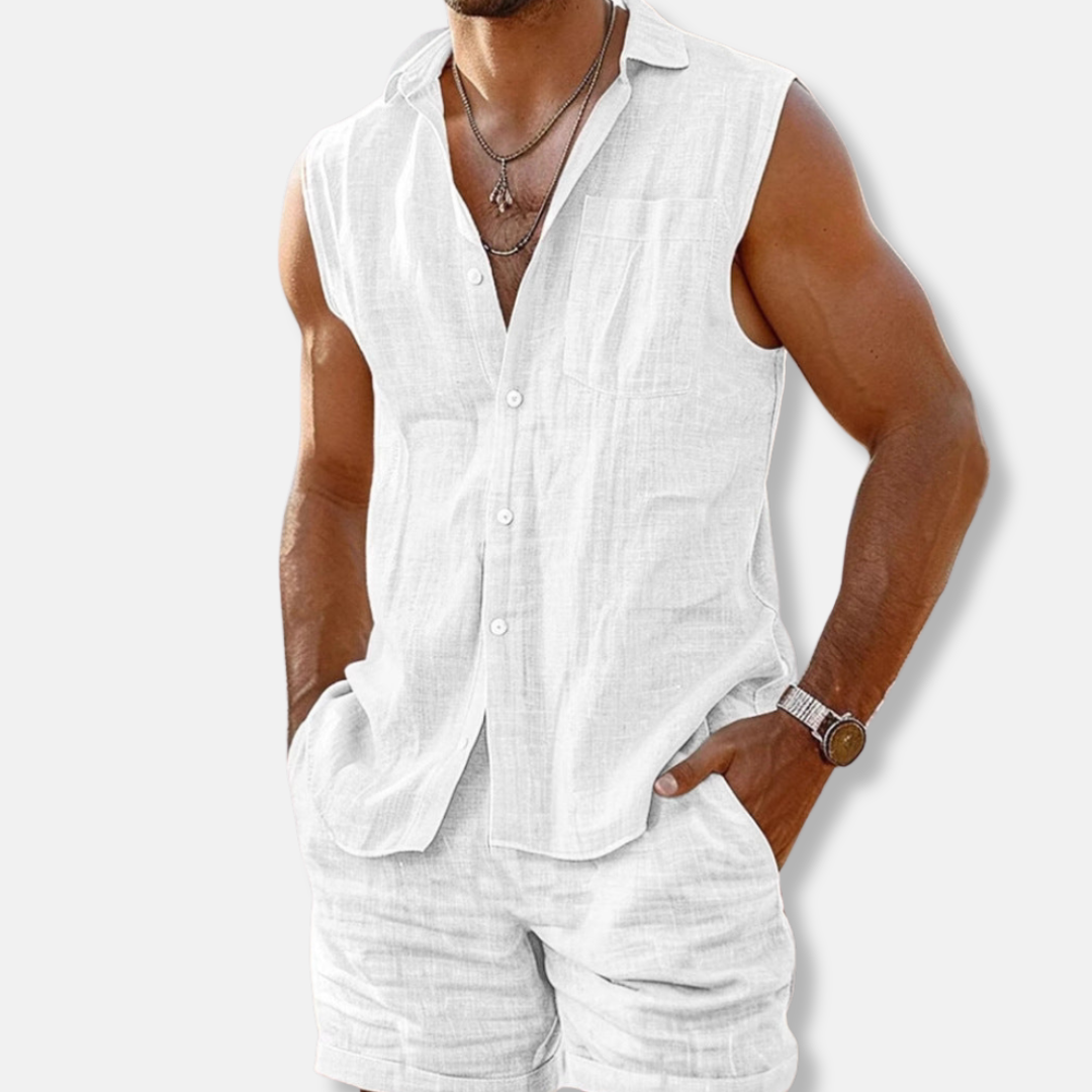 White sleeveless linen shirt shorts set with airy fabric and casual summer style