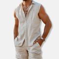 Beige sleeveless linen shirt and shorts set with button front and chest pocket