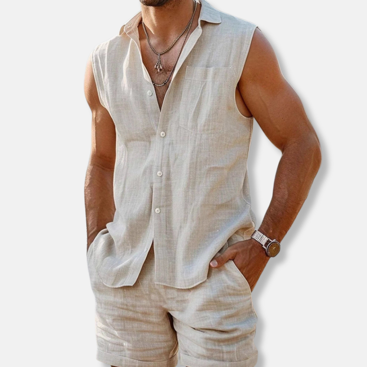 Beige sleeveless linen shirt and shorts set with button front and chest pocket