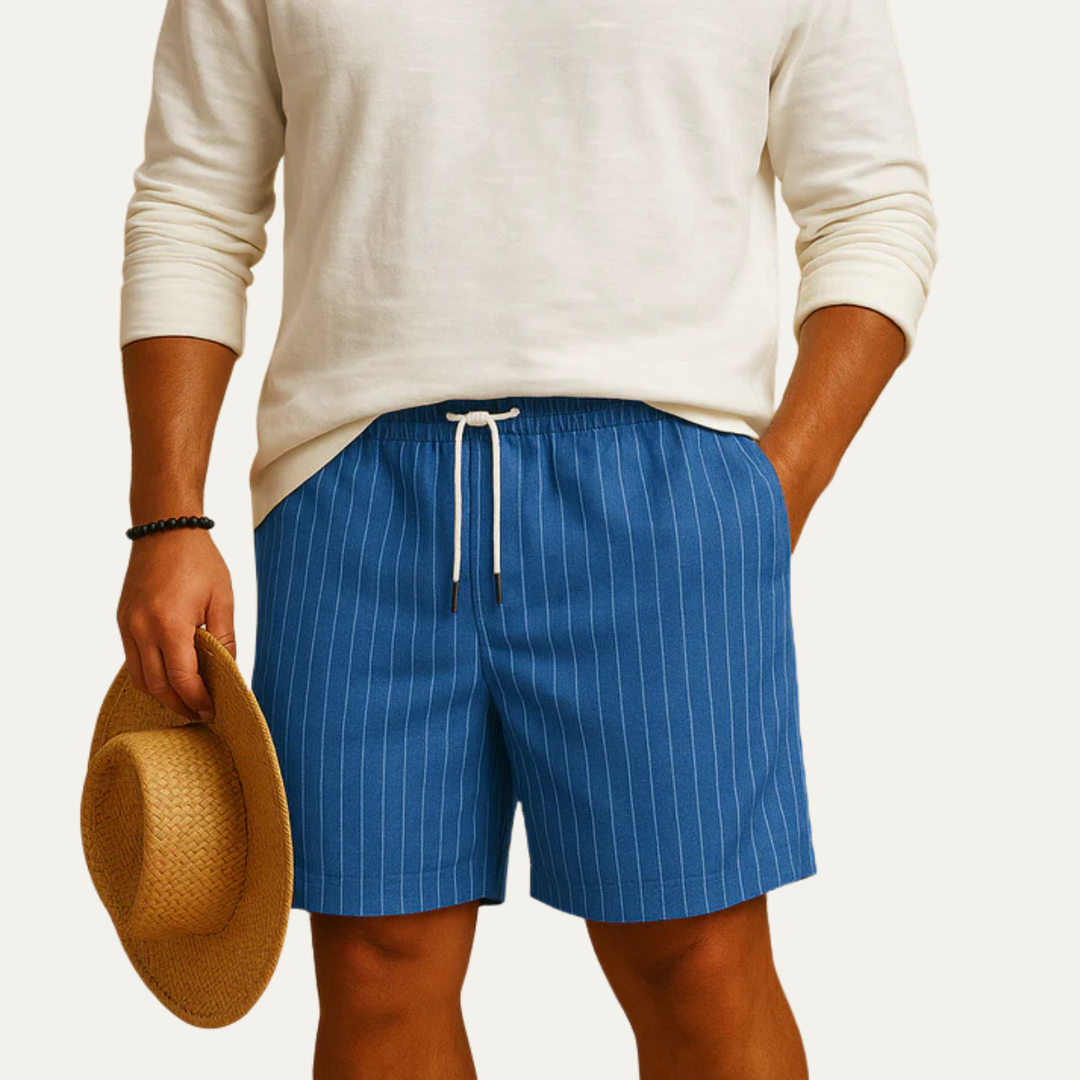 Men wearing blue pinstripe summer shorts with drawstring waistband and side pockets