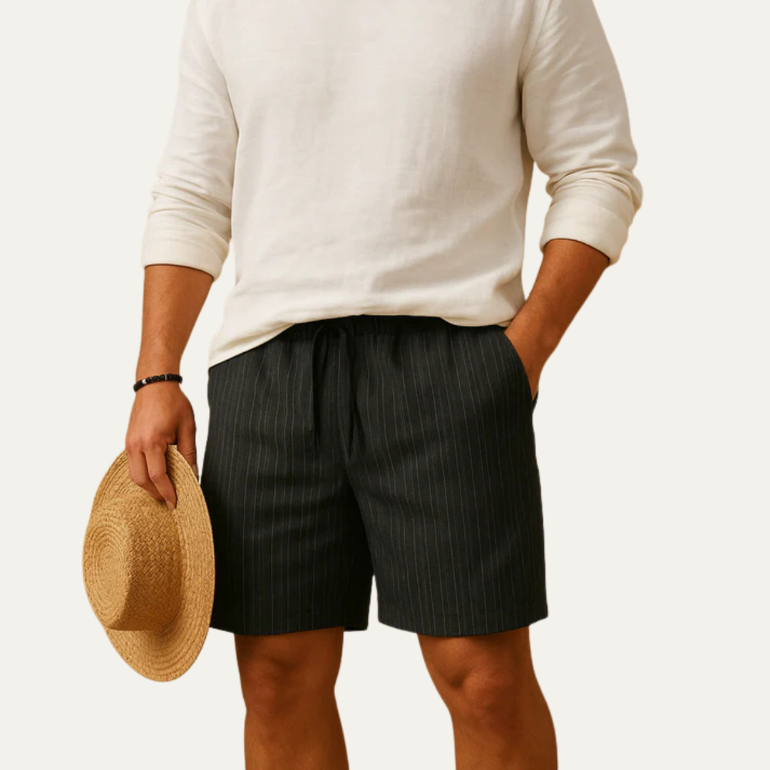 Black pinstripe men's summer shorts with relaxed fit and drawstring waist