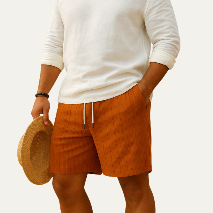 Orange striped men's drawstring shorts with casual summer styling
