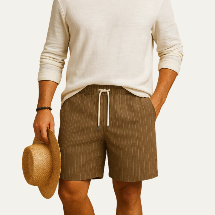 Brown striped men's summer shorts with white drawstring and straight-leg fit