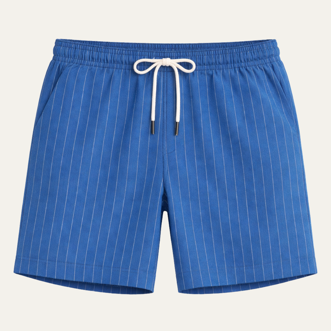 Blue striped men's summer shorts with white drawstring, front view