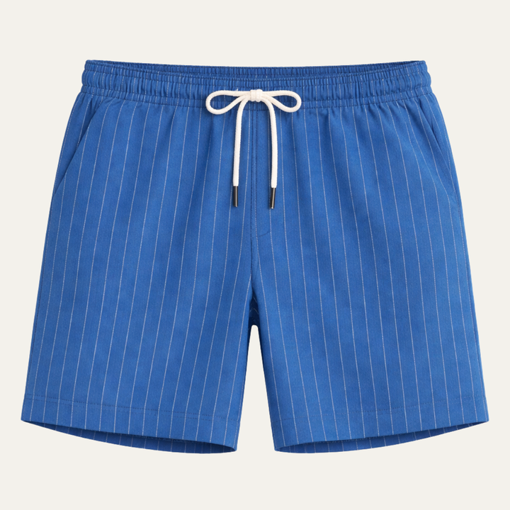 Blue striped men's summer shorts with white drawstring, front view