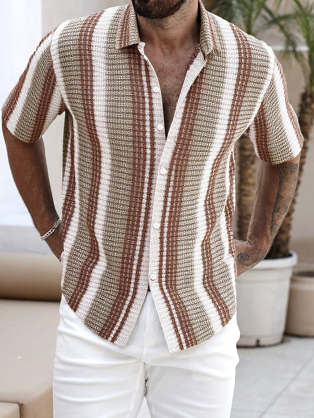Brown and white striped men's summer shirt with short sleeves and button front
