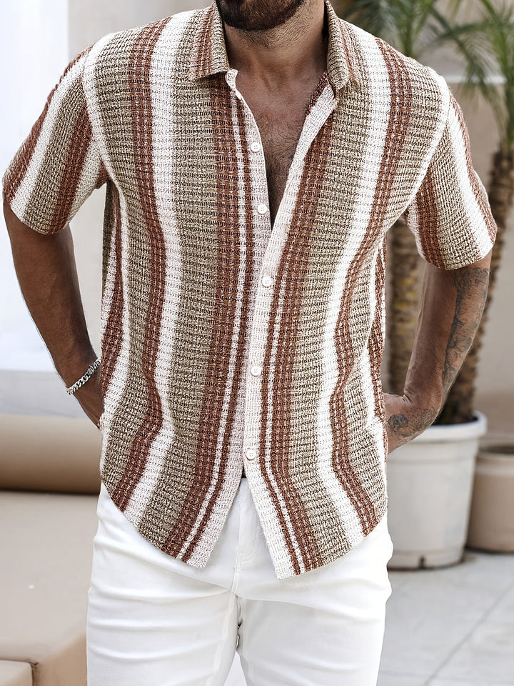 Brown and white striped men's summer shirt with short sleeves and button front