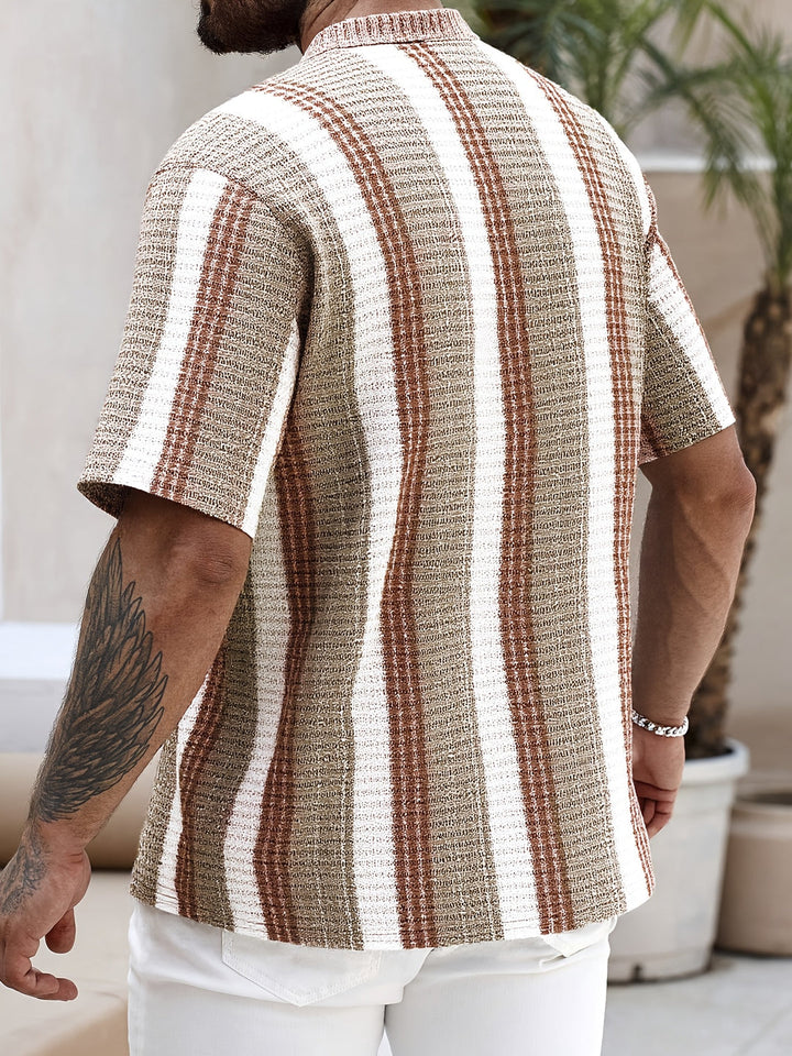 Back view of brown and white striped short sleeve button up shirt for men